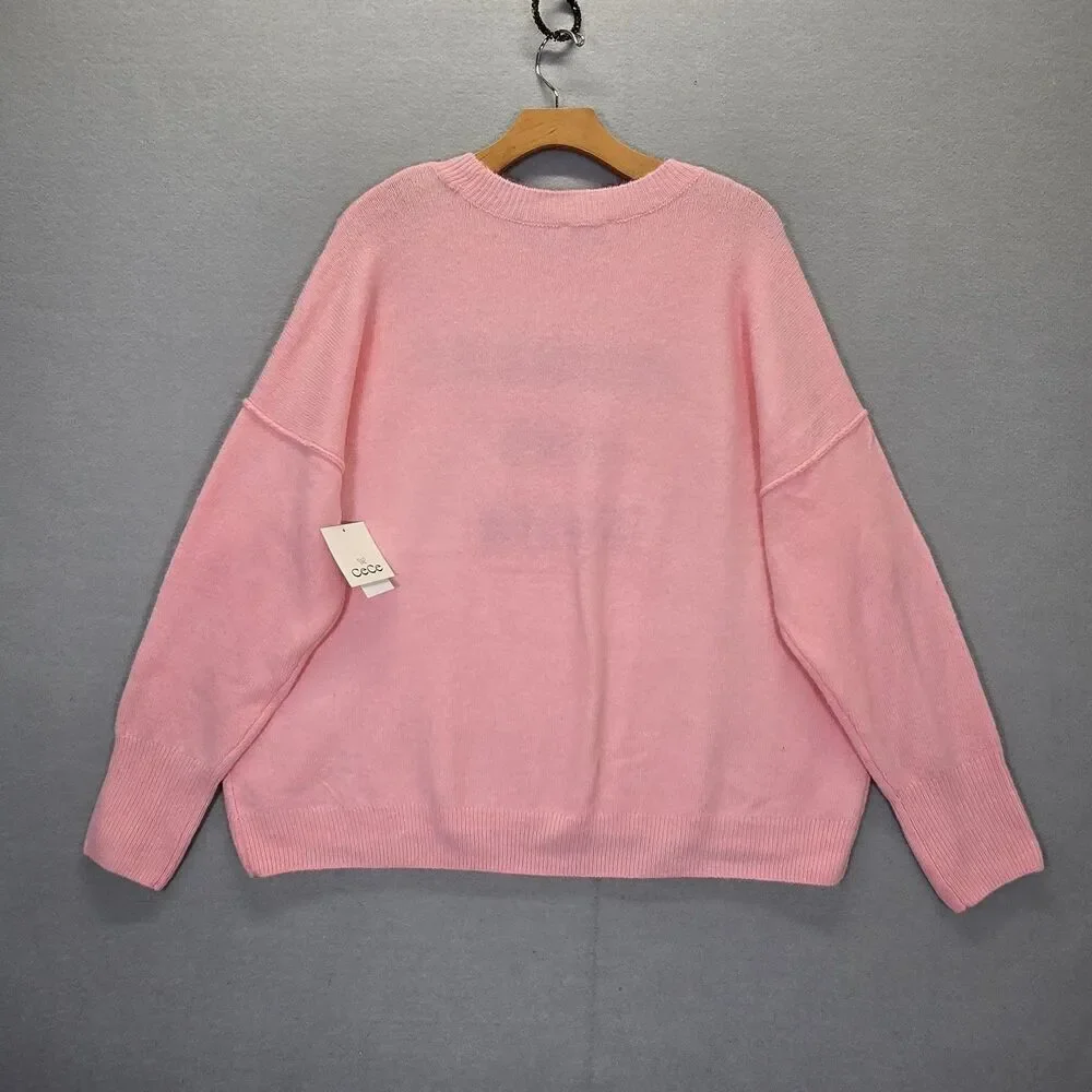 CECE Womens Large “Better Not Pout” Christmas Knit Sweater Top Pink